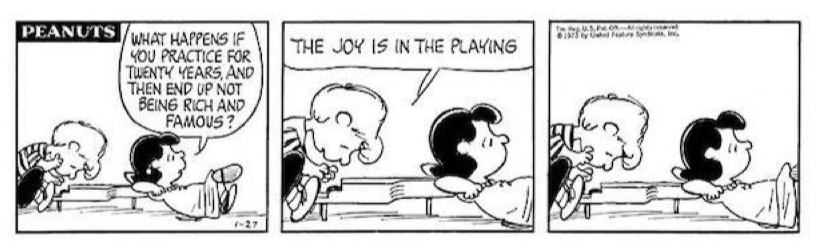 Peanuts comic strip about practice and joy in playing